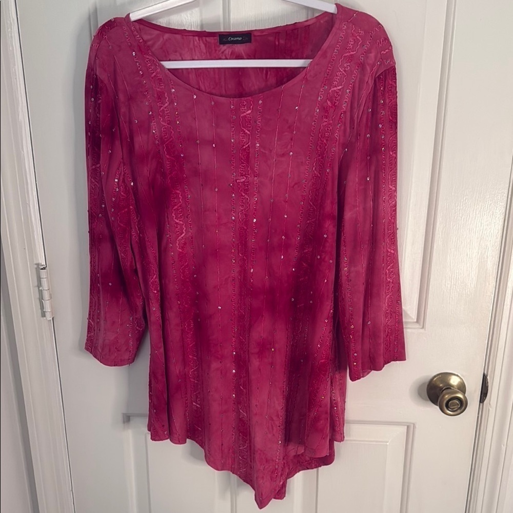 Cocomo Fuchsia Stretch Women's Top, 3/4 Sleeves, Sequins